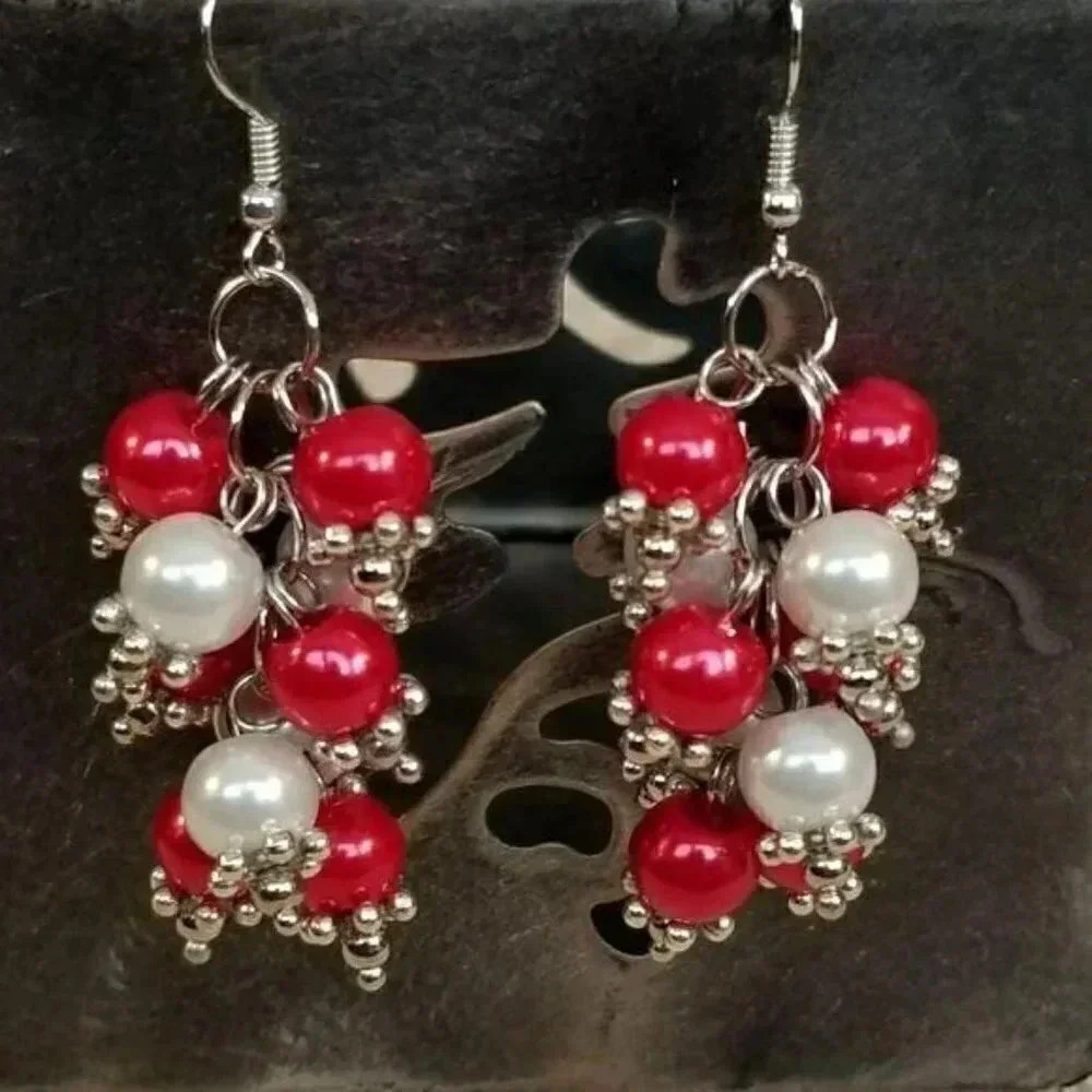 Fancy Glass Grape Bunch Earrings Red White Silver
